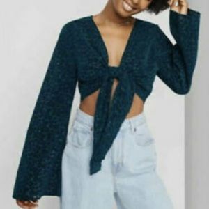 Wild Fable Teal Lace tie bell sleeve top